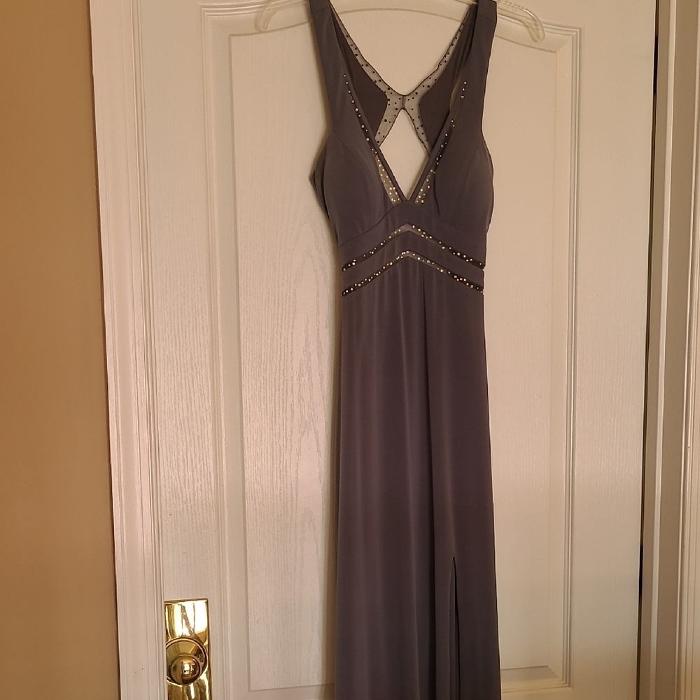 La Femme Purplish Gray Embellished Halter Gown - Size 2